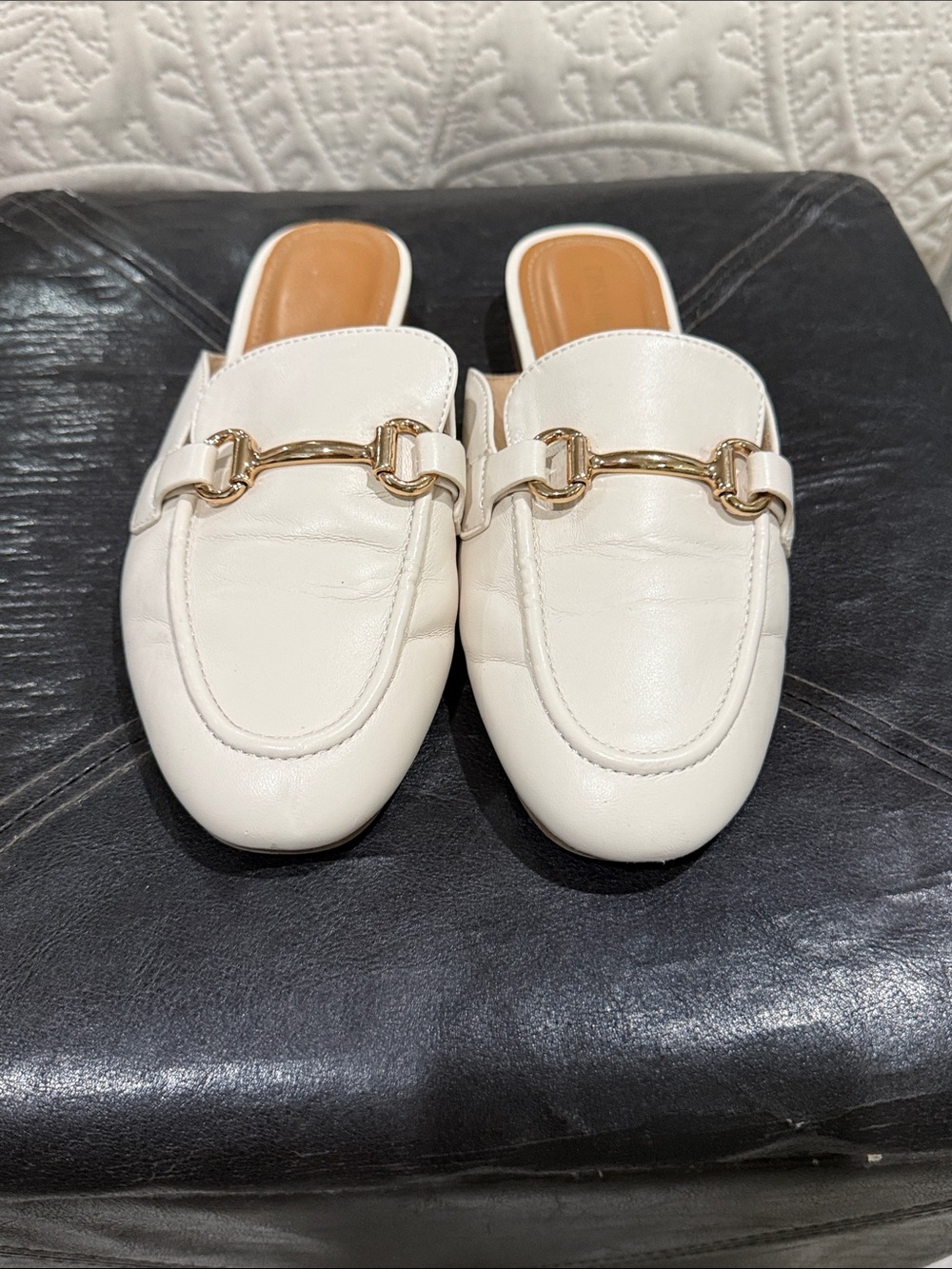 Cream Leather Slip-On Mules with Gold Bit Detail